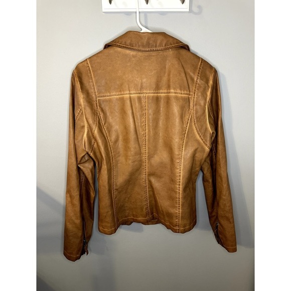 Max Studio Faux Leather Long Sleeve Asymmetrical Zip Biker Moto Jacket Brown L - Picture 6 of 7
